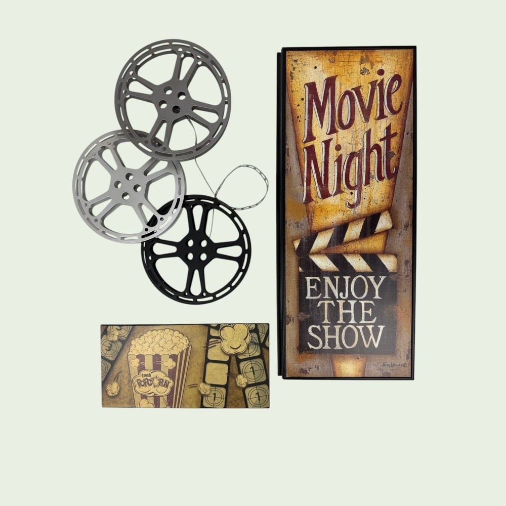 3pc Movie Theater Wall Decor Set Kim Lewis Sign ICA Metal Film Reels Popcorn Art